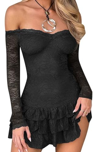 ensswliz Women Sexy Off Shoulder Floral Lace Dress Y2K Long Sleeves Mini Dress Mesh Sheer Black Club Dresses