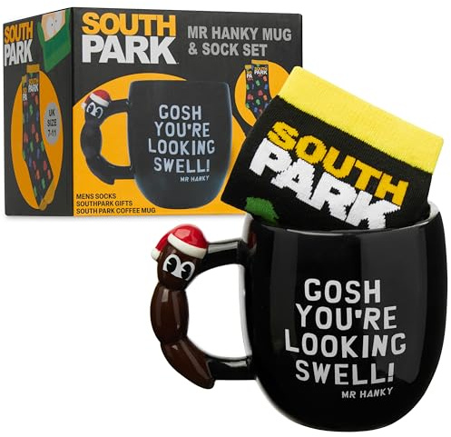 South Park Taza Hombre 330 ml y Calcetines Divertidos, Set de Taza Ceramica para Cafe, Te y Calcetines Transpirables, Regalos Hombre (Multi Mr Hanky)