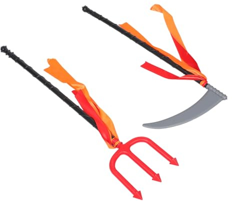 BESPORTBLE 2 pièces Accessoires Cosplay Fourche Trident Rouge et Faux Faucille Grise Plastique Réutilisable pour Costume Halloween Décoration Effrayante