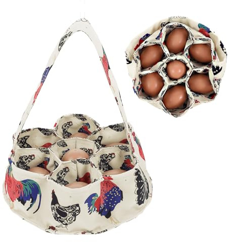 Mabor Chicken Egg Collecting Basket, 7 Pouches Chicken Eggs Basket for Gathering Fresh Chick Egg Holder Countertop Gifts for Duck Goose Carton Carrier - Beige Canvas