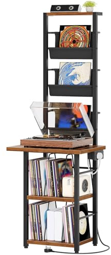 YATINEY 3-Shelf Record Player Stand with Charging Station and 3 Fabric Bins