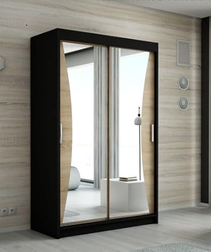 A&J MöbelLand Schwebetürenschrank NIKO Kleiderschrank 2-türig mit Spiegel, Garderobe 120 cm (Schwarz)