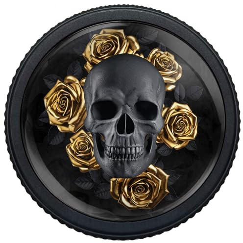 4er-Pack mattschwarze Aluminium-Rundgriffe mit gotischem Totenkopf und goldenen Rosen, mattschwarze Aluminium-Rundgriffe mit Rillen für Schubladen und Schranktüren | gotische goldenen Rosen Schubladengriffe runde Kommodenknöpfe Beschläge for Schrank Kleiderschrank Badezimmer Dekoration