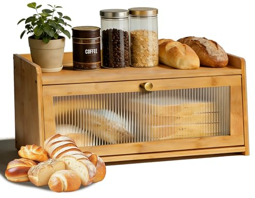 Bamboo Bread Bins for Kitchen, Large Wooden Storage Box w/Clear Display Windows, Bamboo Wooden Farmhouse Bread Box, For storing of bread, desserts, seasoning bottles, grinders, household bottles jars