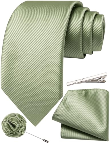 Ailisus Green Tie for Men Classic Silk Woven Necktie and Pocket Square Lapel Pin Tie Clip Set for Wedding Party Formal