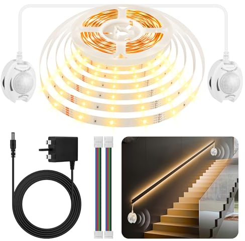 Taormey Motion Sensor LED Strip Under Bed Lights, 6 Meters Warm White LED Light Strip with Two Motion Sensors for Bedside, 12V Dimmable Motion Activated LED Strip for Under Cabinet Stair Closet