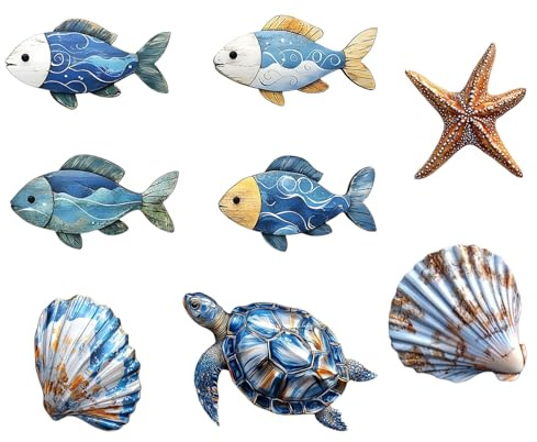 Cosiesnest 8 Pcs Blue Wooden Fish Starfish Wall Decor Set, Nautical Coastal Bathroom Wall Art, Sea Shells Turtle Marine Themed Hanging Ornaments for Living Room Bedroom