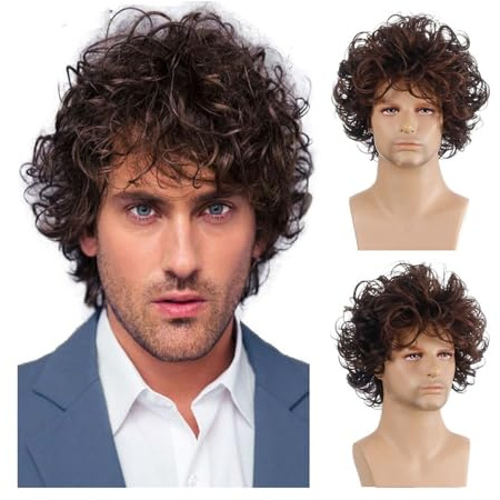 Peluquines para hombre Pelucas sintéticas rizadas cortas de los hombres respirables a prueba calor for la peluca diaria rizado masculino Ombre Postizos(Bruin)