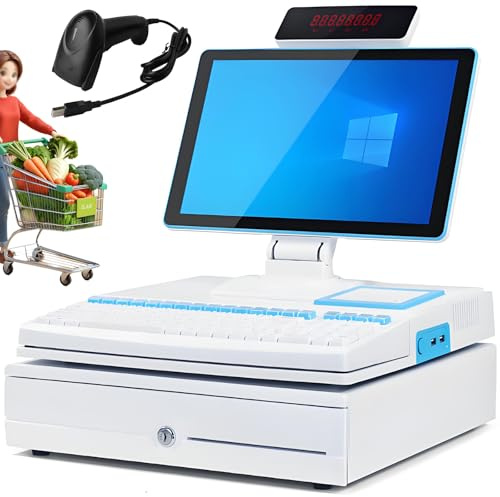 HENGCMM Registratore di Cassa Telematico, Sistem POS con Schermo Tattile 15.6, 8GB + 128GB, Scanner di Codici a Barre, 58mm Printer, Cassa Professionale per Ristoranti e Negozi White