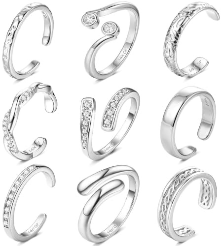 ORAZIO 9Pcs Silver Toe Rings for Women Adjustable Open Toe Ring Set