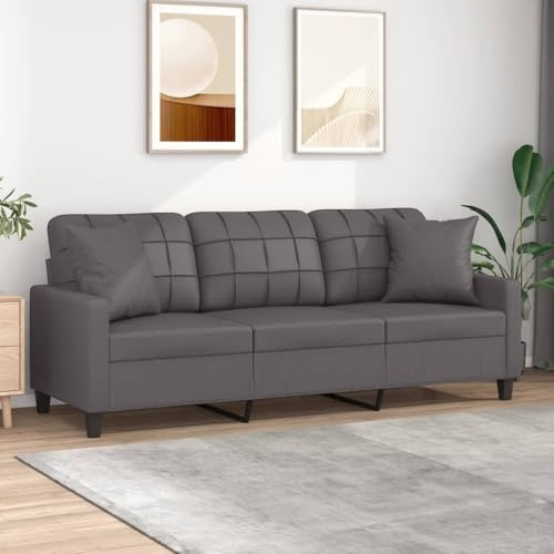 sephironlbb 3-Sitzer-Sofa mit Zierkissen Grau Kunstleder 180 cm Polstergarnitur Wohnzimmer Couch mit Metallgestell und bequemer Sitzfläche für Lounge und Gästezimmer