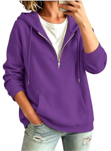 Felpa Donna con Cappuccio Mezza Zip Oversize Leggera Maniche Lunghe | Abbigliamento Donna Curvy Taglie Forti Maglia Sportswear Hoodie Tinta Unita Sweatshirt Casual Pullover Autunno Invernale