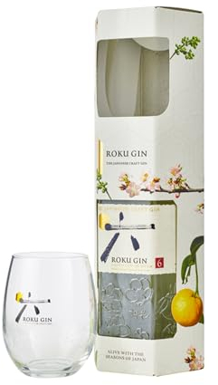 Roku Gin Confezione con bicchiere serigrafato Roku - 1 bottiglia da 700ml di Gin Artigiale Giapponese composto da 6 botaniche + 1 bicchiere Roku Gin