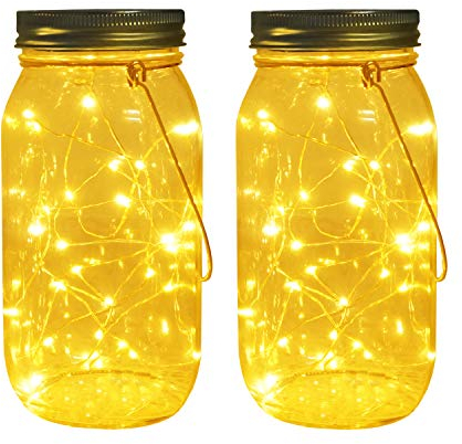 Solar Mason Jar Lights, Large Size Bigger Glass Mason Jar with 30 LEDs Fairy Firefly String Lights, Best Patio Yard Desktop Party Decor Outdoor Solar Hanging Lanterns (2-Pack)
