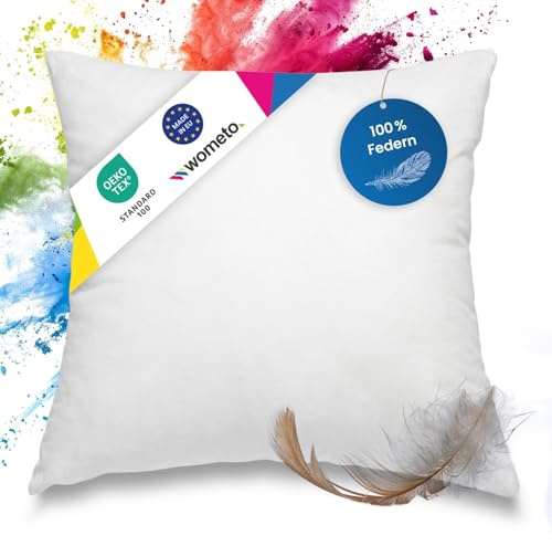 wometo Federkissen 100% Federn 60x60-300g Füllung Oeko-TEX Baumwoll-Bezug | Füllkissen, Sofakissen mit Bezug 100 % Baumwolle weiß (Innenkissen / Kissenfüllung / Kopfkissen)