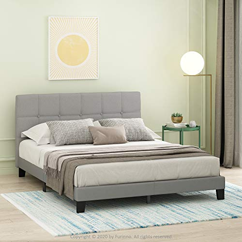 Furinno LAVAL Bed Frame, UK King Size Bedframe with Button Tufted Headboard, Upholstered Bed with Legs, 12pcs Wooden Slat Support, Easy Assembly, for Bedroom, Dorm, Glacier
