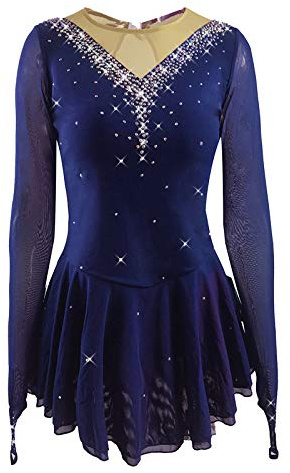 LIUHUO Girls' Ice Figure Skating Dress Stretch Mesh Diamond Hook Sleeves Four Colors Blue