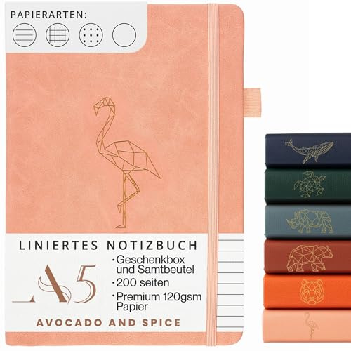 Avocado & Spice A5 Liniert Notizbuch, Reisetagebuch, Notizblock, Journal, A5 Hardcover Tagesplaner mit Geschenkbox & Samtbeutel - mit Lesezeichen, Gummiband, Stifthalter, 200 Seiten, (Rosa)