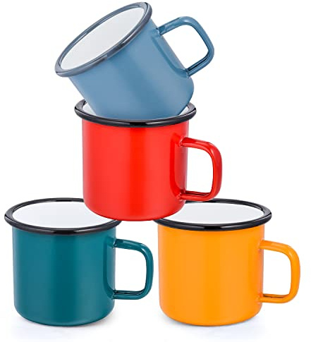 Joyfair Emaille Tasse 4er-Set, 350ml Rot/Blau/Grün/Gelb Kaffeebecher, Porzellan Kaffeetassen Teetassen Set, Trink-/Teebecher Set für Camping, Haus, Party, Büro, Tragbar & Mehrweg - (Vintage Stil)