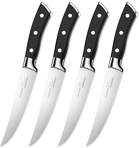 OAKSWARE Steak Knives, Non Serrated Steak Knife Set of 4, German Steel Steak Knife Set 5 Inch, 4 Pieces Professional Straight Edge Knives - Full Tang Ergonomic Handle
