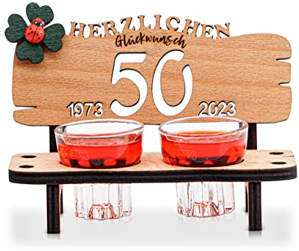 DARO Design SCHNAPSBANK – Schnapsbank mit gravur aus Buche, inkl. 2 Arcoroc Schnapsgläsern, Kleeblatt & Jahreszahlen – Geschenk zum Jubiläum, Geburtstag oder Hochzeit – 50 Jahre