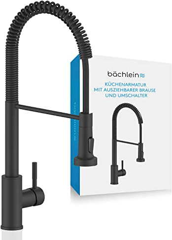 Bächlein Küchenarmatur Nedo – 360 Grad schwenkbar (matt schwarz) – Einhand-Spültischbatterie aus Edelstahl mit flexiblem Hals und Brause mit Umschalt-Taste, Wasserhahn für die Küche