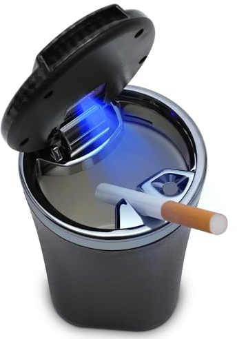 Car Ashtray with Lid Auto Ashtrays Smell Proof Smokeless Ashtray for Car Easy Clean Up Detachable Ash Tray with LED Blue Light (Black)