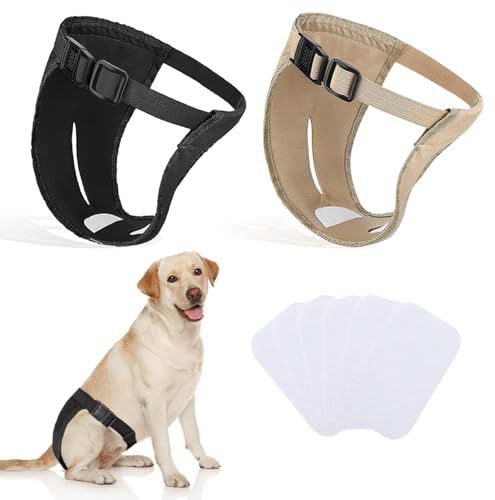 2er-Pack Hundehosen, Hundewindeln mit 6 Damenbinden, verstellbare Schutzhose für Hündinnen bei Hitze, monatliche Blutungen, wiederverwendbar, waschbar, Hygienehose für Hunde (L-schwarz und Kamel)