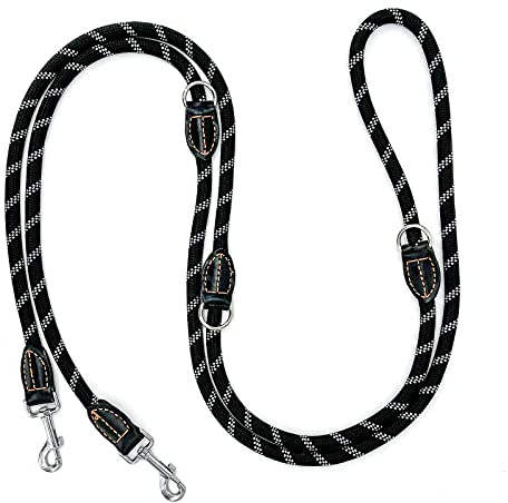 Bokelai Double Ended Lead for Dogs Adjustable Reflective 3m Training Lead for Large Medium Dogs Walking & Running Hands Free Rope Lead Black
