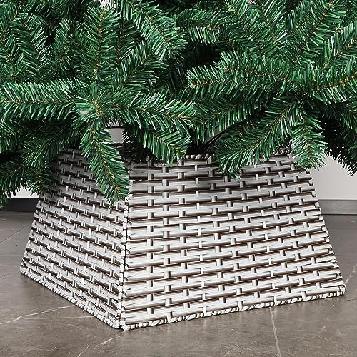 Blissun Weihnachtsbaum Halsband, Kunststoff Rattan Weihnachtsbaum Ring, Bauernhaus Weihnachtsbaum Halsband, Weihnachtsbaum Rock für Künstliche Weihnachtsbäume Dekoration, Weiß & Grau & Braun