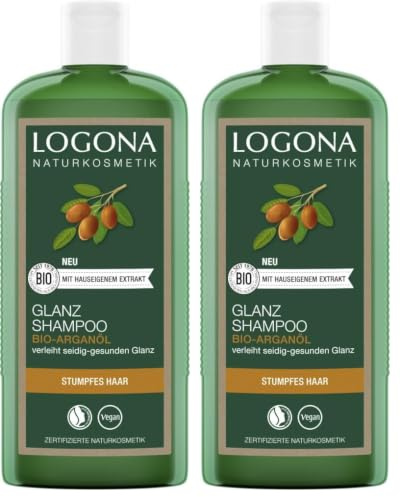 LOGONA Naturkosmetik Shampoo für natürlich glänzendes Haar, Geeignet für stumpfes und glanzloses Haar, Glanz Haarshampoo mit Bio-Arganöl, 1 x 250 ml (Packung mit 2)