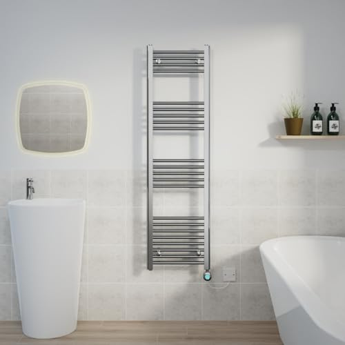 Warmehaus Prefilled Electric Towel Radiator Straight Chrome 1400x400mm | Thermostatic, Timer, LCD Display, Child Lock, Dual Fuel, Mild Steel, Wall Mounted, Bathroom Ladder Towel Warmer