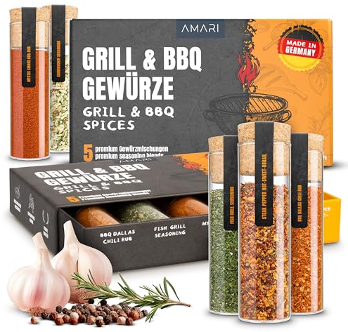 AMARI ® Gewürze Set (BBQ) – 5 erlesene Gewürzmischungen im Geschenkset – Premium Gewürzbox zum Kochen, Grillen & Verfeinern – Geschenk für Feinschmecker & Hobbyköche