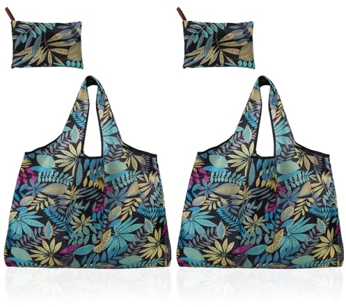 Niuoppy 2 Pcs Reusable Foldable Shopping Bags, Washable Tote Shopping Bags, Washable Grocery Bags for Household Outdoors Daily (Leaf)