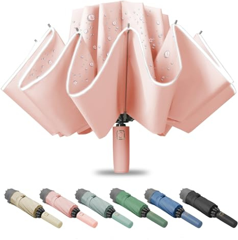 Fogkey Large Windproof Travel Umbrella, Portable Reverse Folding Car Umbrella, Compact Inverted Design with Waterproof Canopy, Automatic, 10 Durable Ribs, 45.6/13 Inch, Fits Backpack, PINK