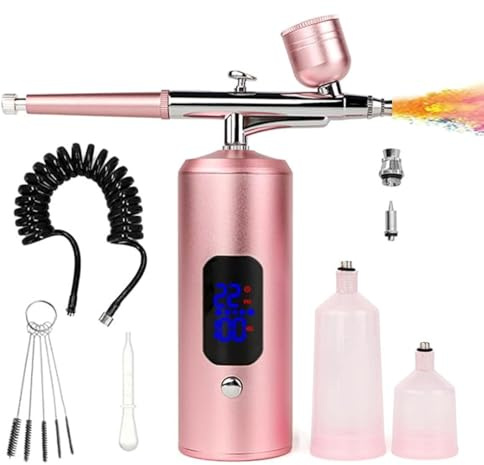Cordless Rechargeable Airbrush Kit,Handheld Air Brush Sprayer Gun with Compressor Adjustable, LCD Screen, Air Hose Extension - Perfect for Barber,Nail Art,Cake Decor,Makeup,Model Painting