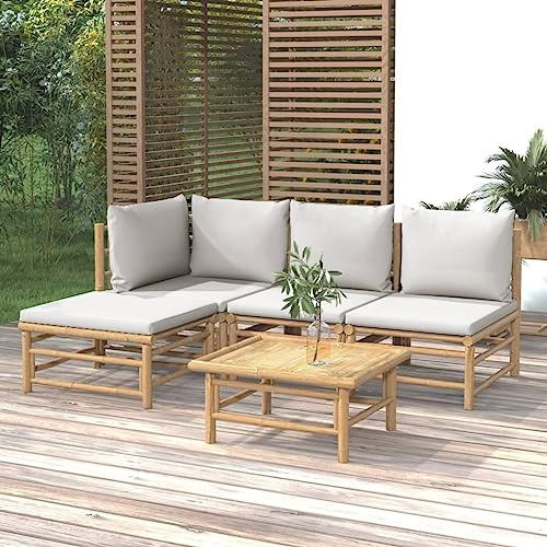 Willood 5-TLG. Garten-Lounge-Set mit Hellgrauen Kissen Bambus Eckteil+2xMittelteil+Fußstütze+Tisch
