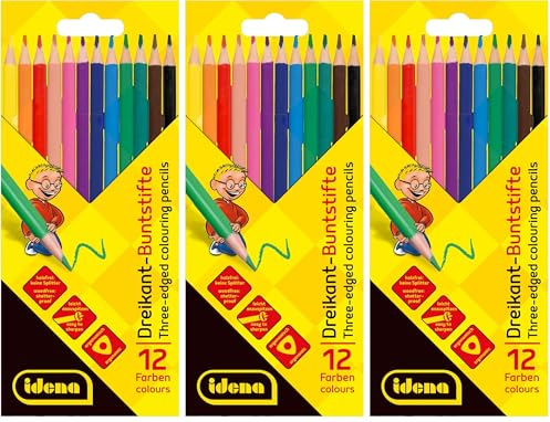 Idena 20133 - Buntstifte in 12 Farben, holzfreie Farbstifte in ergonomischer Dreiecksform, verpackt im Kartonetui (Packung mit 3)