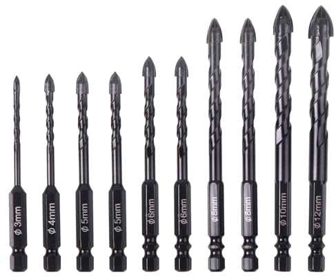10 Pezzi Punte Trapano Metallo Duro Professionale, Punta con Croce Quattro Bordi, Punte Trapano Percussione per Piastrelle, Mattoni, Granito, Vetro, Legno, Marmo, Calcestruzzo, Ø3/4/5/6/8/10/12mm