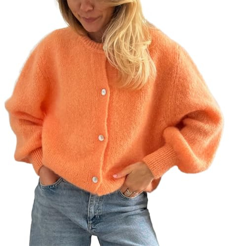 Yassiglia Strickjacke Damen Kurz Cardigan Herbst Elegant Übergang Jacke Vorne Offen Strickpullover Langarm Strickweste Y2k Strick Top für Teenager Mädchen (Orange, M)