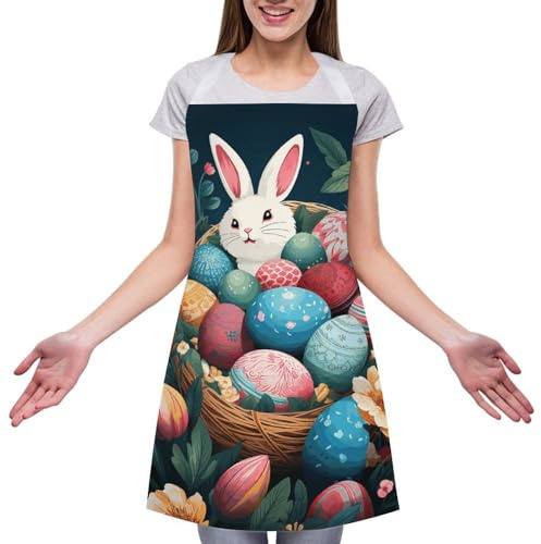 CSGJMYGS Chef Apron for Men Women Adjustable Bib Apron with Pockets Kitchen ApronsBasket And Easter Eggs Cooking Aprons, Color-5, 70x80cm