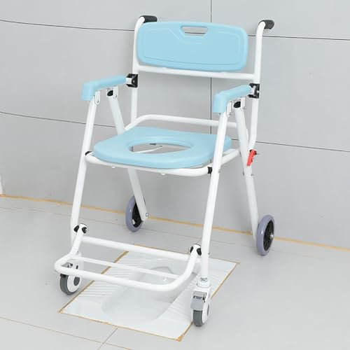 Dusch-Toilettenrollstuhl, Faltbarer Nachttisch-Toilettenstuhl mit Armlehnen, rollender Duschstuhl mit Rädern für ältere behinderte Erwachsene,Blau