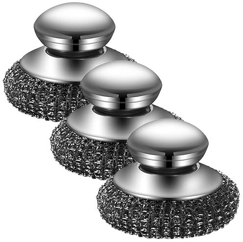 2 Pieces Steel Wool Scrubber, Stainless Steel Sponge Scourers with Handle, Wire Wool, Detachable Heavy Duty Dish Brush Pot Scrubber, for Cleaning Kitchen Pots Pans Grills Sink (3 pieces)