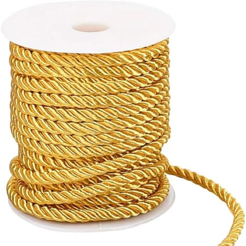 CABODYALS Cuerda Trenzada Decorativa Dorada de 17.3 m Y 5mm para Graduación Cordón de Satén de Nailon de 3 capas con Adorno de Seda para Navidad para Manualidades Tapicería Cortinas Decoración Del Hog