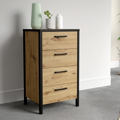 Forte KIRIKUS Schmale Kommode 50 60, Kommode mit 4 Schubladen, Modernes Sideboard, Wohnzimmerkommode, Holzwerkstoff, Artisan Eiche Holzdekor mit Schwarz, 50,5 cm breit x 89,5 cm hoch x 40,2 cm tief