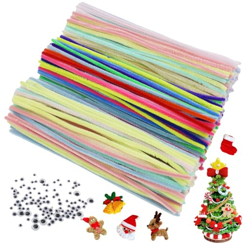 GENHH 400 Stück Pfeifenreiniger +100 Stück Wackelaugen Selbstklebend Macaron Farbe Pfeifenputzer Zum Basteln Pfeifenreiniger Blumen 16 Farben Chenilledraht für Zum DIY Projekte kleinen Tieren Blumen