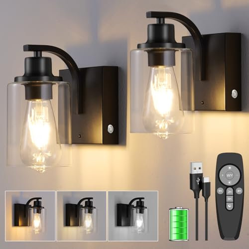 Akku Wandleuchte Innen, USB Aufladbare Wandlampe mit Fernbedienung, Touch Dimmbar Nachttischlampe mit Batterie 8000mAh, Kabellos Wandleuchten für Schlafzimmer Wohnzimmer Flur, Schwarz, 2 Stück