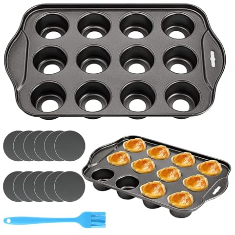 Muffin Tin 12 Cup Nonstick - 33x21x4cm Loose Bases Baking Tray, Stain-Resistant Cheesecake Tins Cupcake Mould, Carbon Steel Mini Sandwich Pan, Reusable Removable Bottom Bakeware, Dishwasher Safe