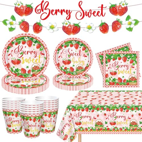83PCS Strawberry Party Decorations Strawberry Theme Birthday Party Supply Berry Sweet Baby Shower Decorations Fruit Themed Decor Berry First Birthday Tableware Set - Plates Tablecloth Cups Serves 20