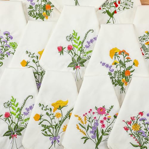Tioncy 6 Stück Blumenstickerei-Servietten, 45,7 cm, Stickerei, Blumen-Leinen, Baumwolle, Serviette, Großpackung für Hochzeit, Tee, Cocktail, Frühling, Blume, Geburtstag, Party, Tischdekoration